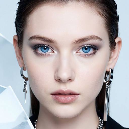 Close-up photograph of a young woman with striking blue eyes, fair skin, and sleek brown hair. She wears metallic hoop earrings and a black top,