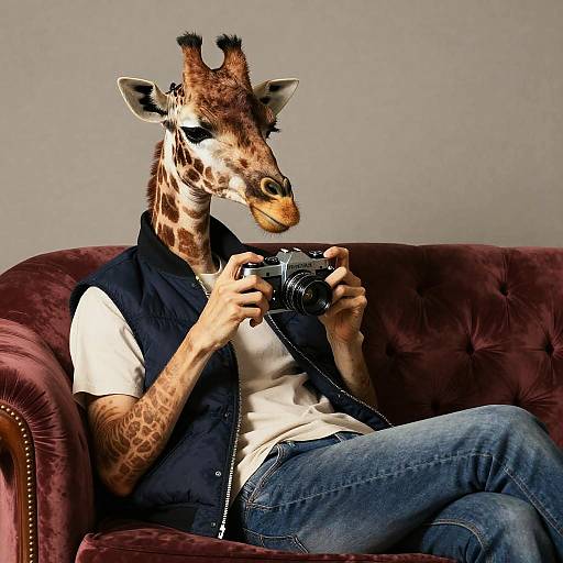 Photograph of an anthropomorphic giraffe with brown spots, wearing a white t-shirt, blue vest, and jeans, sitting on a red velvet couch
