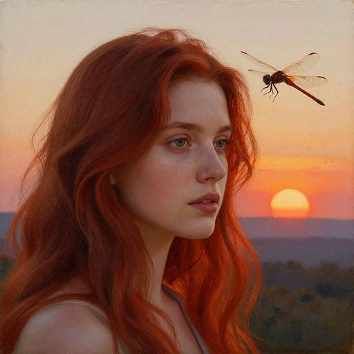 Digital painting of a fair-skinned red-haired girl with freckles, gazing at a dragonfly at sunset. Orange sky, sun on horizon