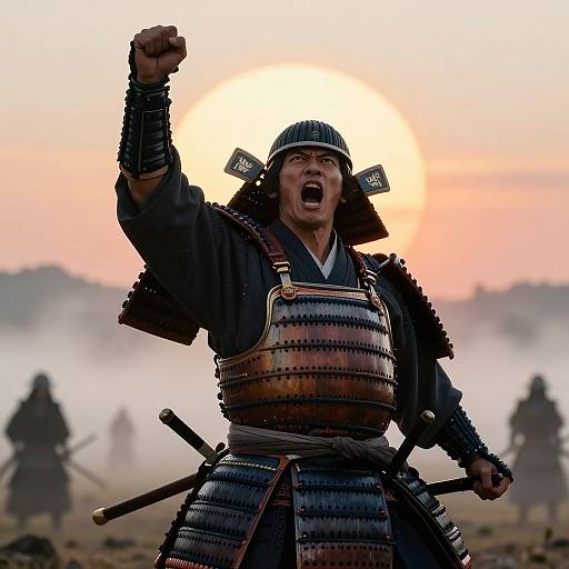 Photograph of a fierce Japanese samurai at sunset, raising his fist, wearing armor and helmet, with misty background and silhouetted warriors
