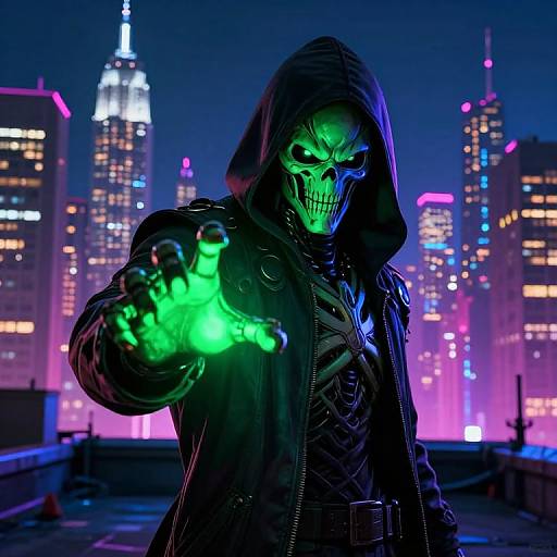 Cyberpunk cityscape at night; hooded figure with glowing green skull mask and outstretched hand emitting neon green energy, surrounded by colorful skys