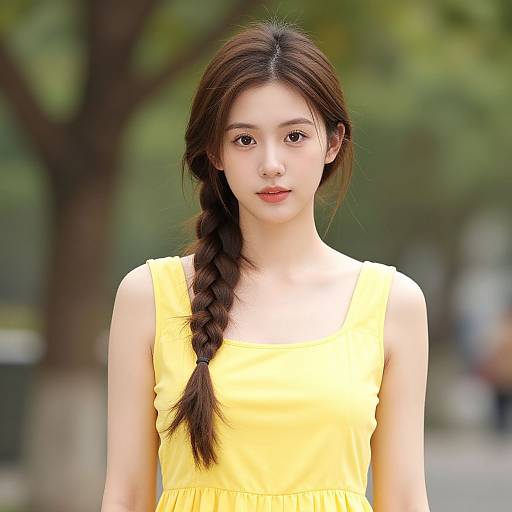 Photograph of a young Asian woman with long, braided brown hair, wearing a bright yellow sleeveless dress, standing outdoors with a blurred green park