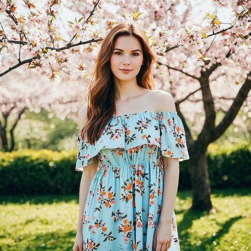 Young Woman in Floral Dress Among Cherry Blossoms
