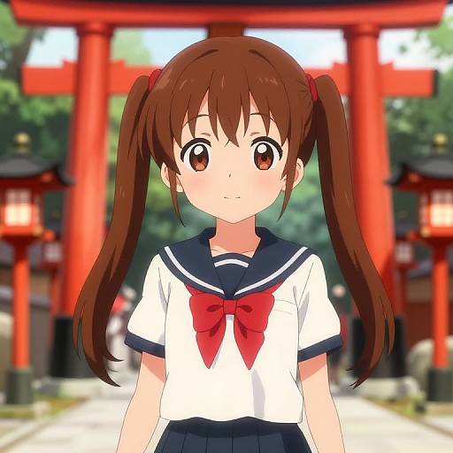 Anime-style digital drawing of a brown-haired girl in a sailor uniform with a red bow, standing in front of a red torii gate.