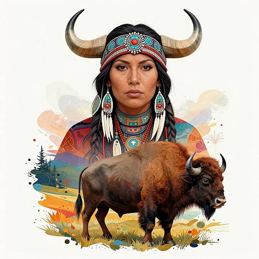 Digital illustration of a Native American woman with large horns, elaborate jewelry, and black hair, standing in front of a bison. Vibrant, colorful