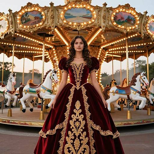 Photograph of a young woman with long brown hair in a luxurious, deep red velvet ball gown with gold embroidery, standing in front of a brightly lit
