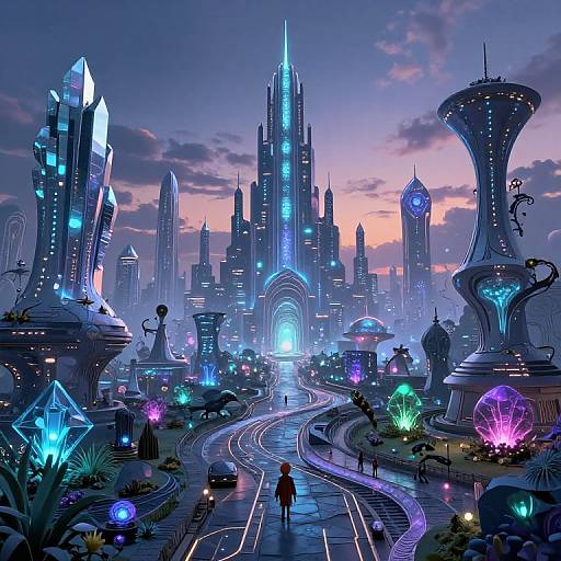 Cyberpunk cityscape at dusk: glowing skyscrapers, neon lights, futuristic architecture, illuminated path, small figures, vibrant flora, and a
