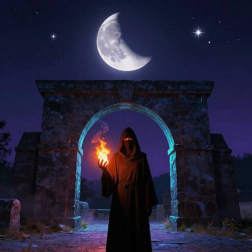 Cloaked Figure Beneath Oversized Crescent Moon