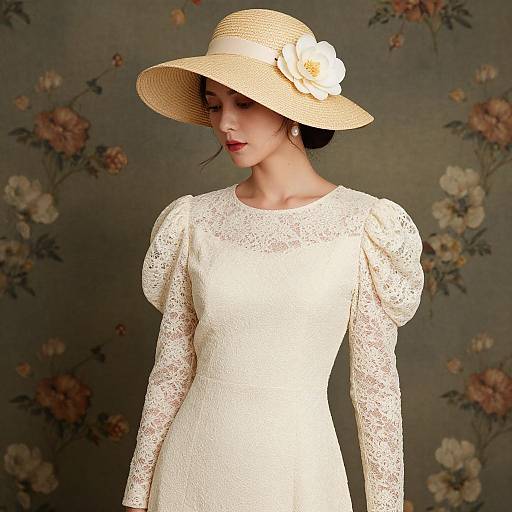Photograph of an elegant Asian woman in a white lace dress with puffy sleeves, wearing a large straw hat with a white flower, against a floral
