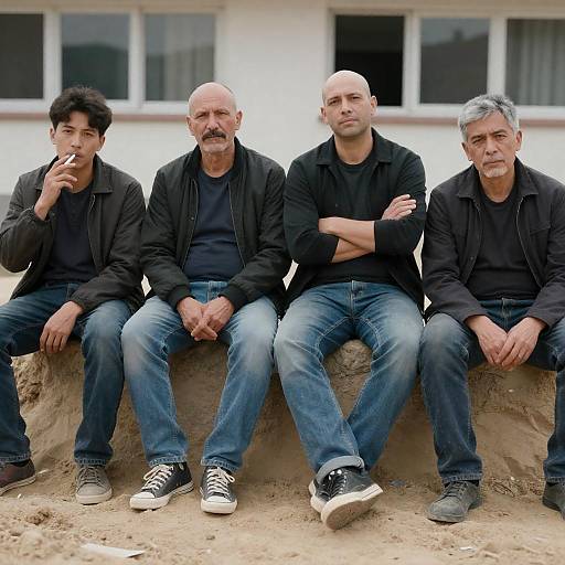 Four Men Sitting on Sandy Pile Outdoors