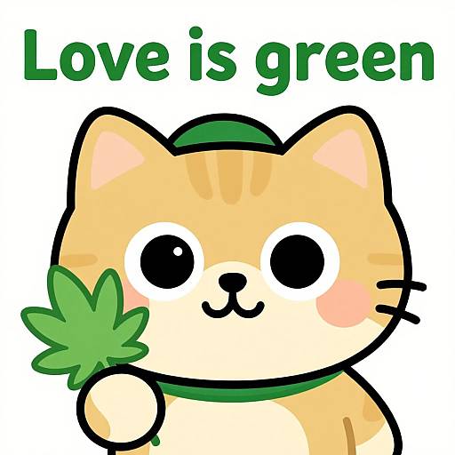 Cute digital illustration of a chubby, orange cat with big black eyes, green leaf in paw, green hat, and text 