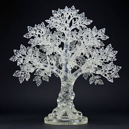 Photograph of a clear, crystal-like tree sculpture with intricate, star-shaped leaves, standing on a round base, against a dark background.