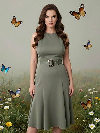 Photograph of a brunette woman with wavy hair, wearing a sleeveless, olive-green dress with a belt, standing in a grassy field with