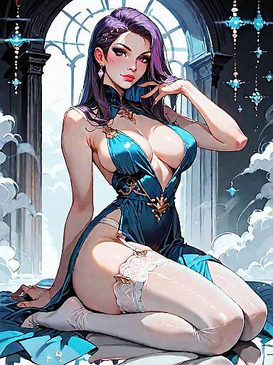 Digital anime-style drawing of a purple-haired woman with large breasts in black lingerie, thigh-high stockings, and high heels, sitting amidst pink flowers in a