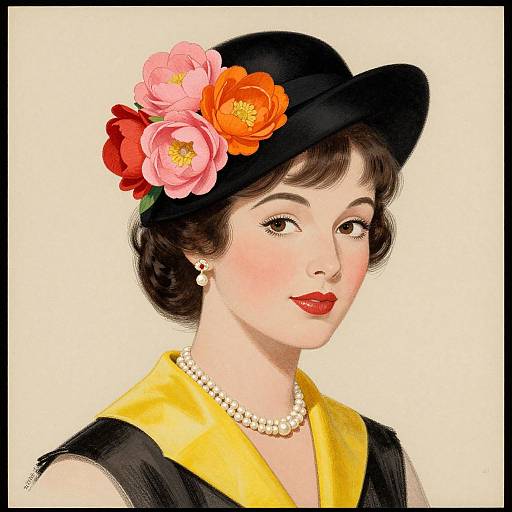 Vintage-style digital illustration of a fair-skinned woman with red lipstick, black hat adorned with pink and orange flowers, yellow scarf, pearl necklace, and