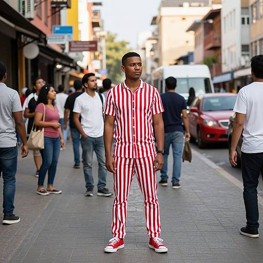 Photograph of a Black man standing on a city street in red and white striped pajama suit and red sneakers, surrounded by casually dressed pedestrians. Urban