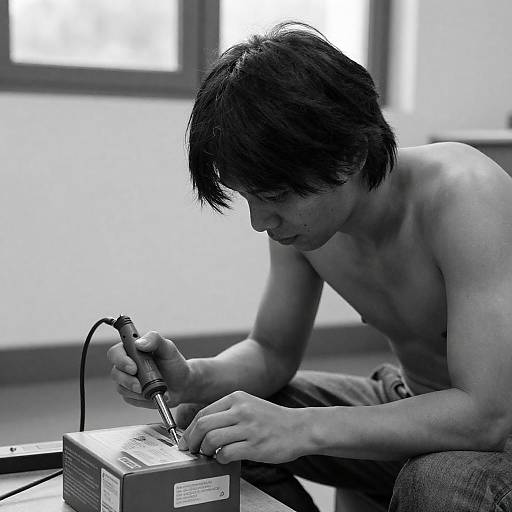 Shirtless Man Using Soldering Iron Indoors
