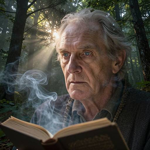 Photograph of an older man with white hair, blue eyes, and wrinkled skin, reading a book emitting blue smoke in a sunlit forest.