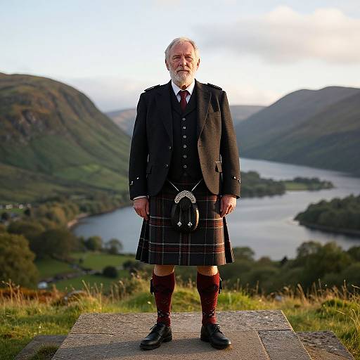 Elderly man with white beard in traditional Scottish kilt and black jacket stands on stone ledge, overlooking mountainous lake landscape. Photograph.