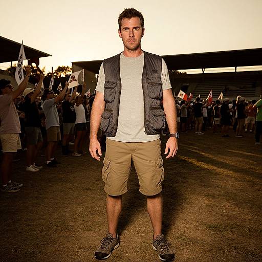 Man in Outdoor Gear at Sunset Stadium