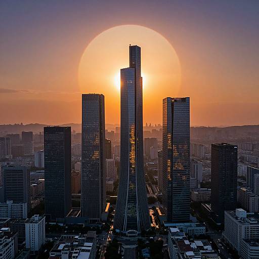 Photograph of a cityscape at sunset, featuring tall, modern skyscrapers silhouetted against a large, glowing orange sun, with a
