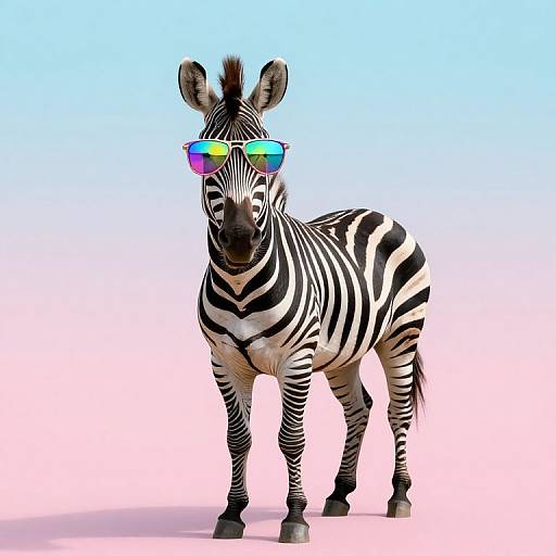 Photograph of a zebra with black-and-white stripes, wearing colorful rainbow sunglasses, standing against a gradient blue-to-pink background.