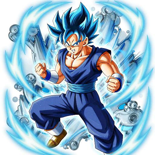 Digital anime-style drawing of muscular, blue-haired, Super Saiyan Son Goku in dark blue martial arts outfit, surrounded by swirling blue energy.