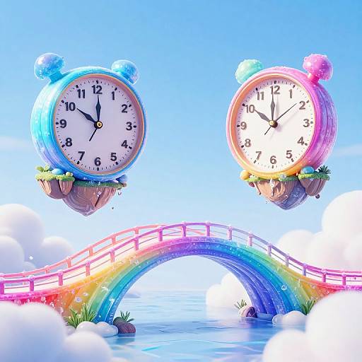 Surreal Rainbow Bridge Connecting Clock Islands
