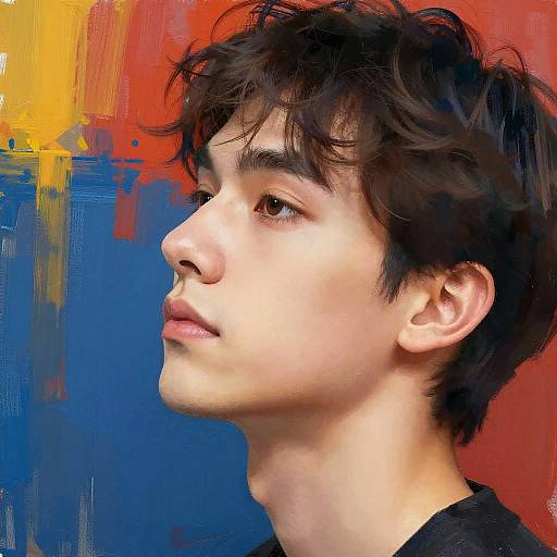 Digital portrait of a young Asian man with messy black hair, light skin, and subtle makeup, facing left against a vibrant abstract background of red, blue