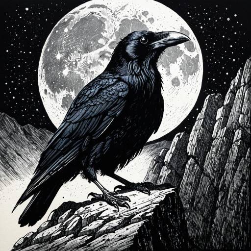 Intricate Pen and Ink Raven with Moon