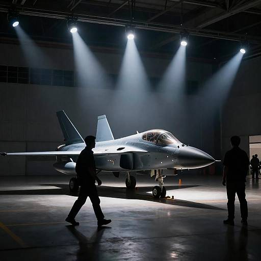 Dimly Lit Hangar Jet Silhouette Scene