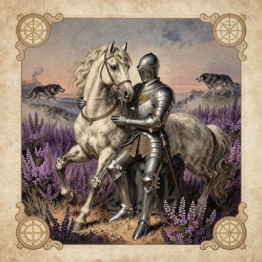Victorian Engraving of Knight with Horse at Twilight
