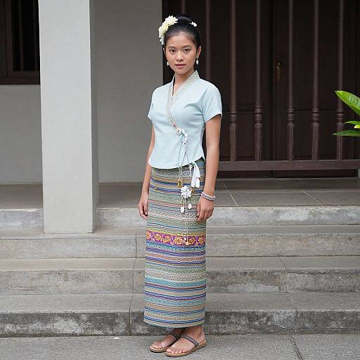 Photograph of an Asian woman with black hair in a white flower bun, wearing a light blue blouse and colorful striped skirt, standing on stone steps in