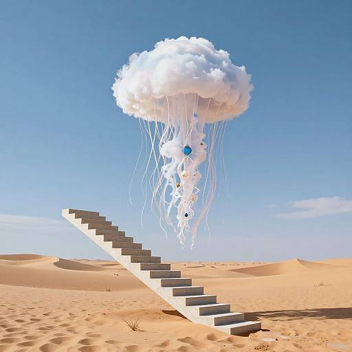 Digital artwork of a staircase in a desert leading to a white jellyfish with blue spots and long, flowing tentacles. Clear blue sky. Surreal