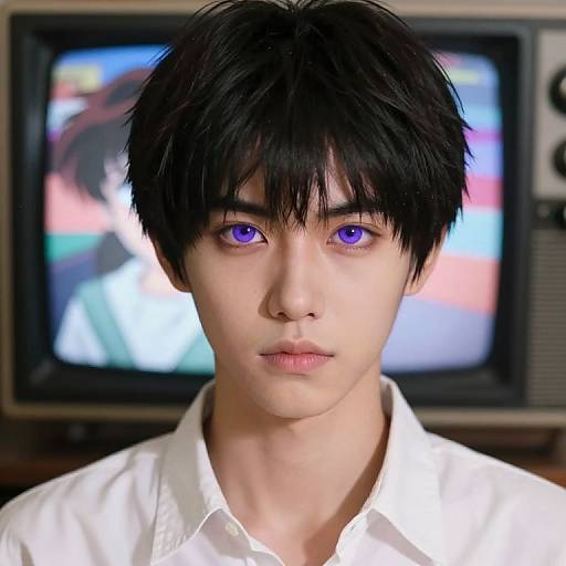 Photorealistic digital portrait of an East Asian man with black hair, purple eyes, wearing a white shirt, in front of a blurred TV screen.