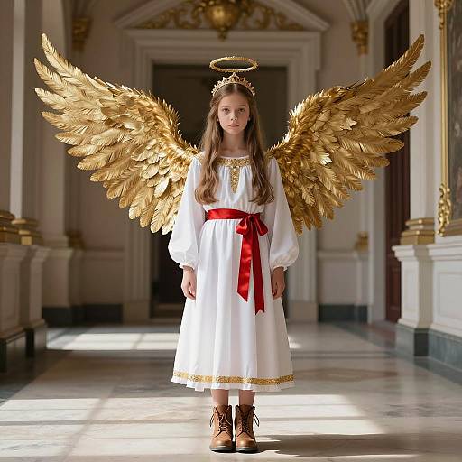 Photorealistic Fallen Angel in Ornate Hallway