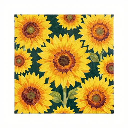 Vibrant digital painting of seven bright yellow sunflowers with orange centers and green leaves, set against a dark green background.