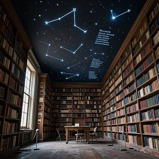 Photograph of a dimly lit, spacious library with star constellations projected on the ceiling, surrounded by towering bookshelves and a lone piano