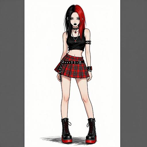 Digital drawing of a punk-style woman with black and red hair, wearing a black crop top, red plaid mini-skirt, black boots, and