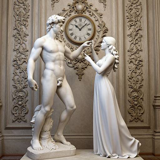 Photograph of a white marble statue depicting a muscular, nude male with an erect penis, and a dressed female, holding hands, standing before an orn