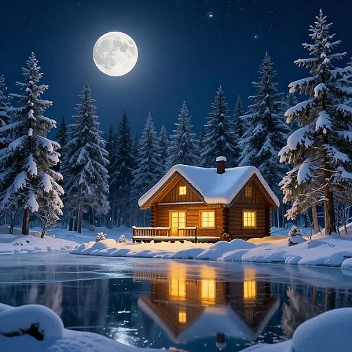 Photograph of a snow-covered wooden cabin with warm yellow lights, reflected in a frozen lake, under a bright full moon in a starry night sky