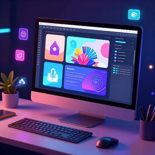 Photograph of a modern desk with a glowing Apple monitor displaying colorful app icons, keyboard, mouse, potted plant, and neon icons.