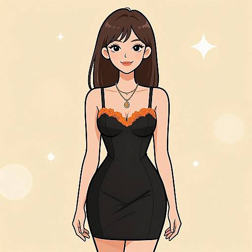 Digital anime-style drawing of a smiling young woman with long brown hair, wearing a black dress with orange lace trim and a gold necklace. Background is plain