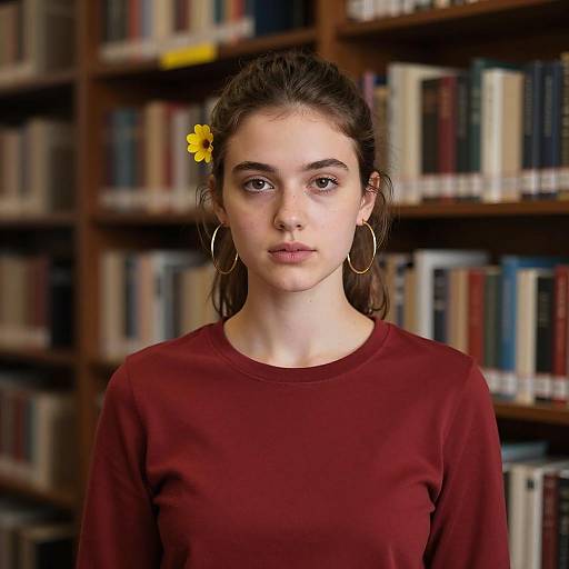 Young Woman in Dimly Lit Library