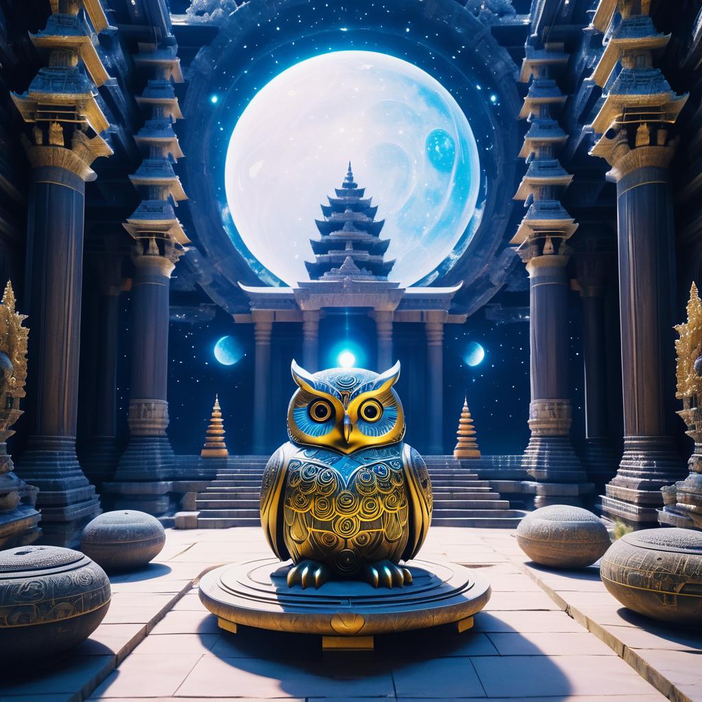 Celestial Owl Meditating in Space Temple