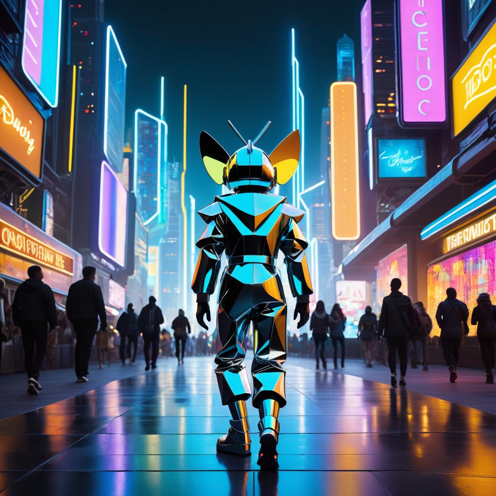 Futuristic Aluminum Pinocchio in Neon Skyline