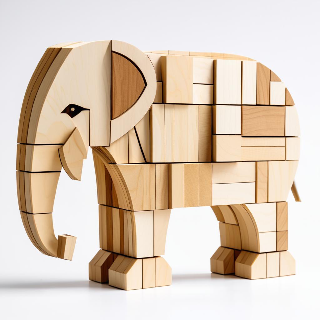 Wooden Block Elephant on Ivory Background