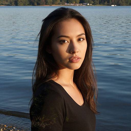 Photograph of a young Asian woman with long black hair, wearing a black top, standing by a calm lake with trees in the background at sunset.