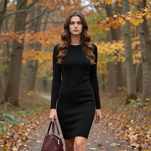 Woman in Black Sweater Dress on Autumn Forest Path