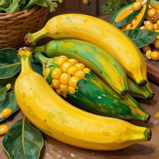 Photograph of vibrant yellow bananas with green tips, surrounded by glossy leaves and yellow fruit, in a woven basket.